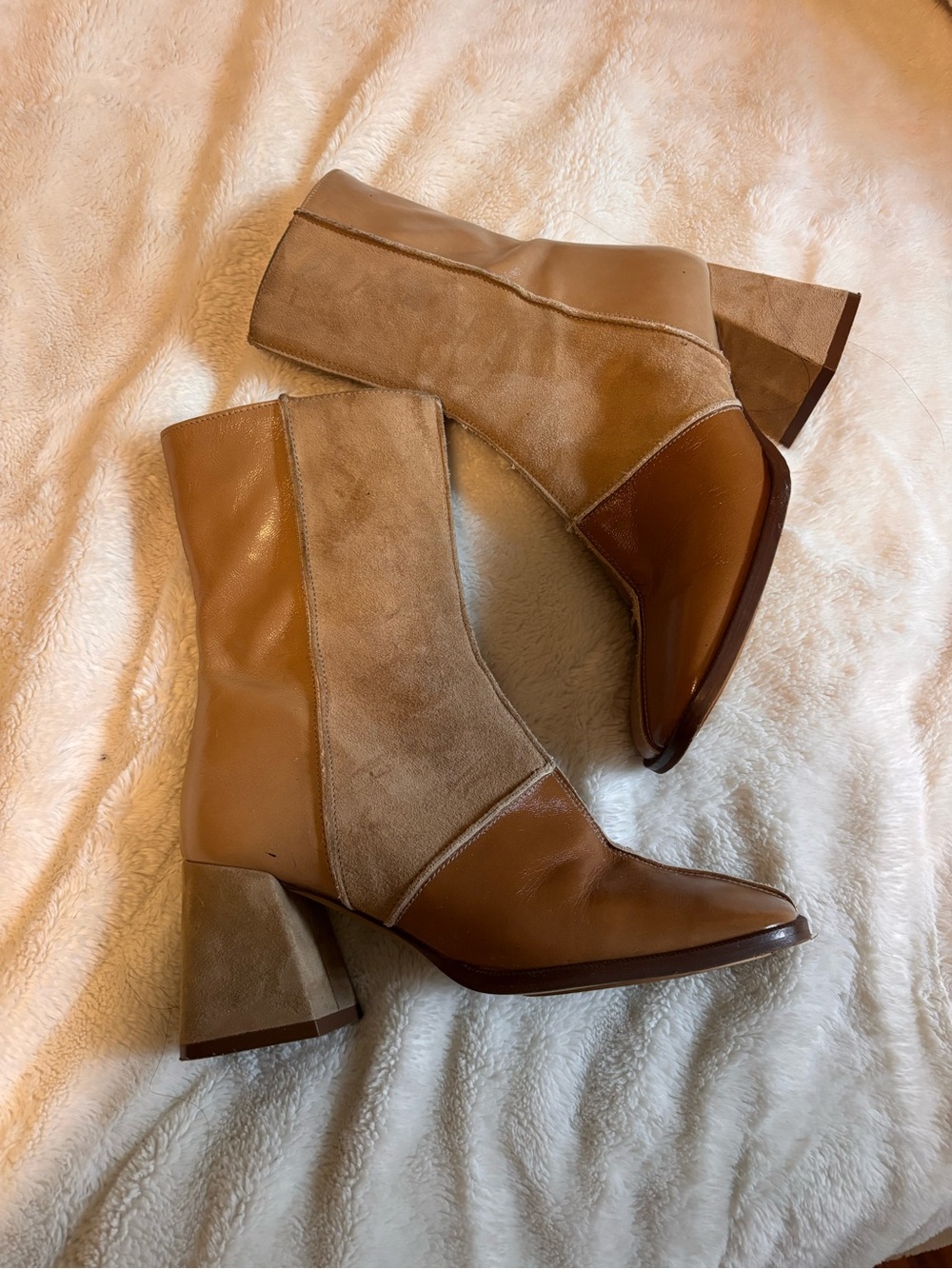 NAK Two-Tone Brown & Tan Suede Leather Block Heel Ankle Boots